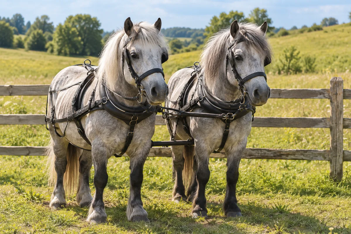 Paire de poneys gris attelés à l&rsquo;arrêt devant une barrière en bois, harnais noirs, prairie en arrière-plan