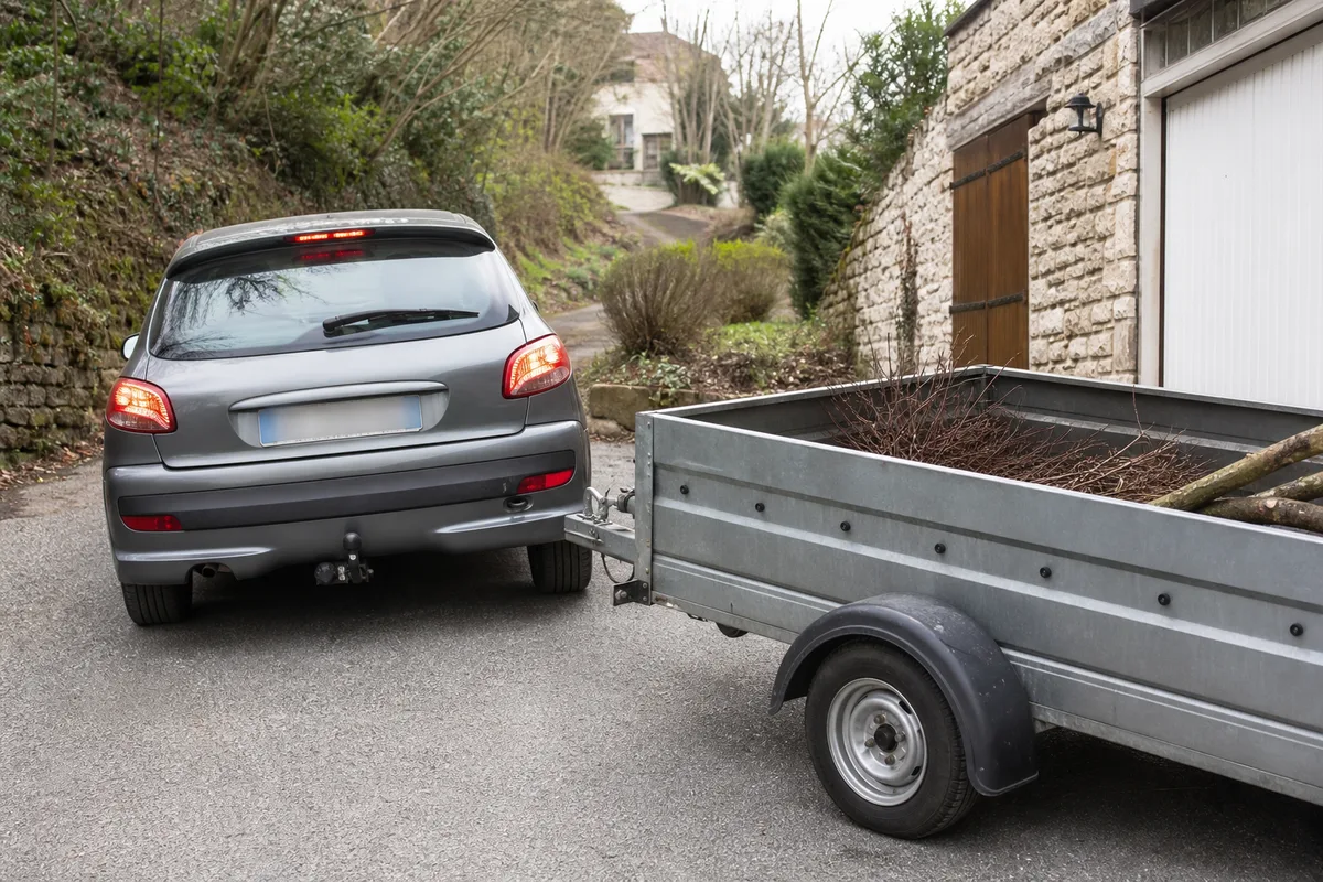 Voiture attelée à une remorque en marche arrière dans une allée, angle de pivot visible au niveau de la boule d&rsquo;attelage