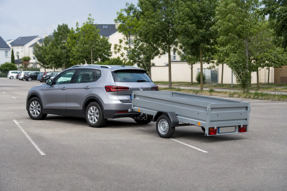 Ensemble voiture et remorque formant un angle fermé sur un parking, illustrant le début d&rsquo;une mise en portefeuille